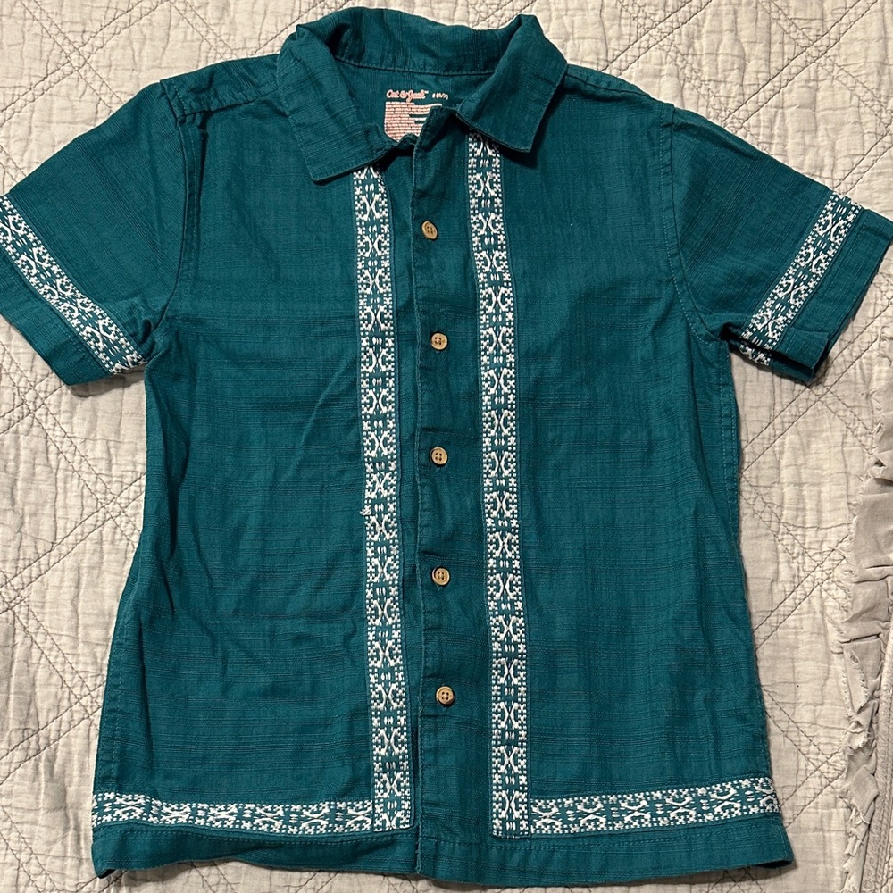 Cat & Jack Teal Short-Sleeve Button-Down with White Trim